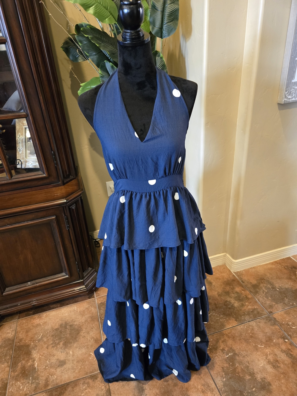 entro Navy Blue Polka Dot Halter Tiered Maxi Dress